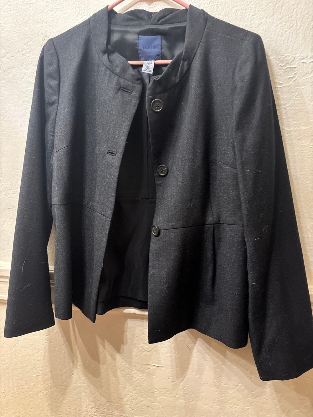 J.Crew Wool Silk Collarless Peplum Blazer Size 8 Black Heathered Fleck 3-Button